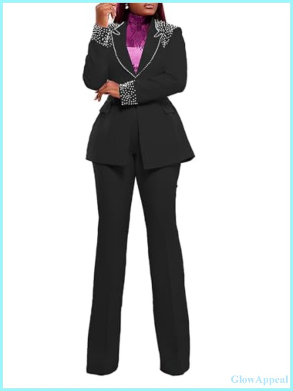 Women's 2 Piece Blazer Pants Suit Pearl Long Sleeve Business Outfit